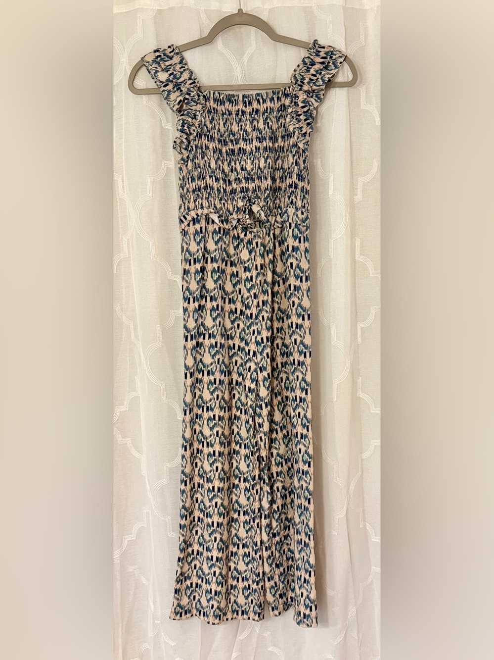 Zara Girls Size 10 140 Blue Print Smocked Wide Leg Jumpsuit